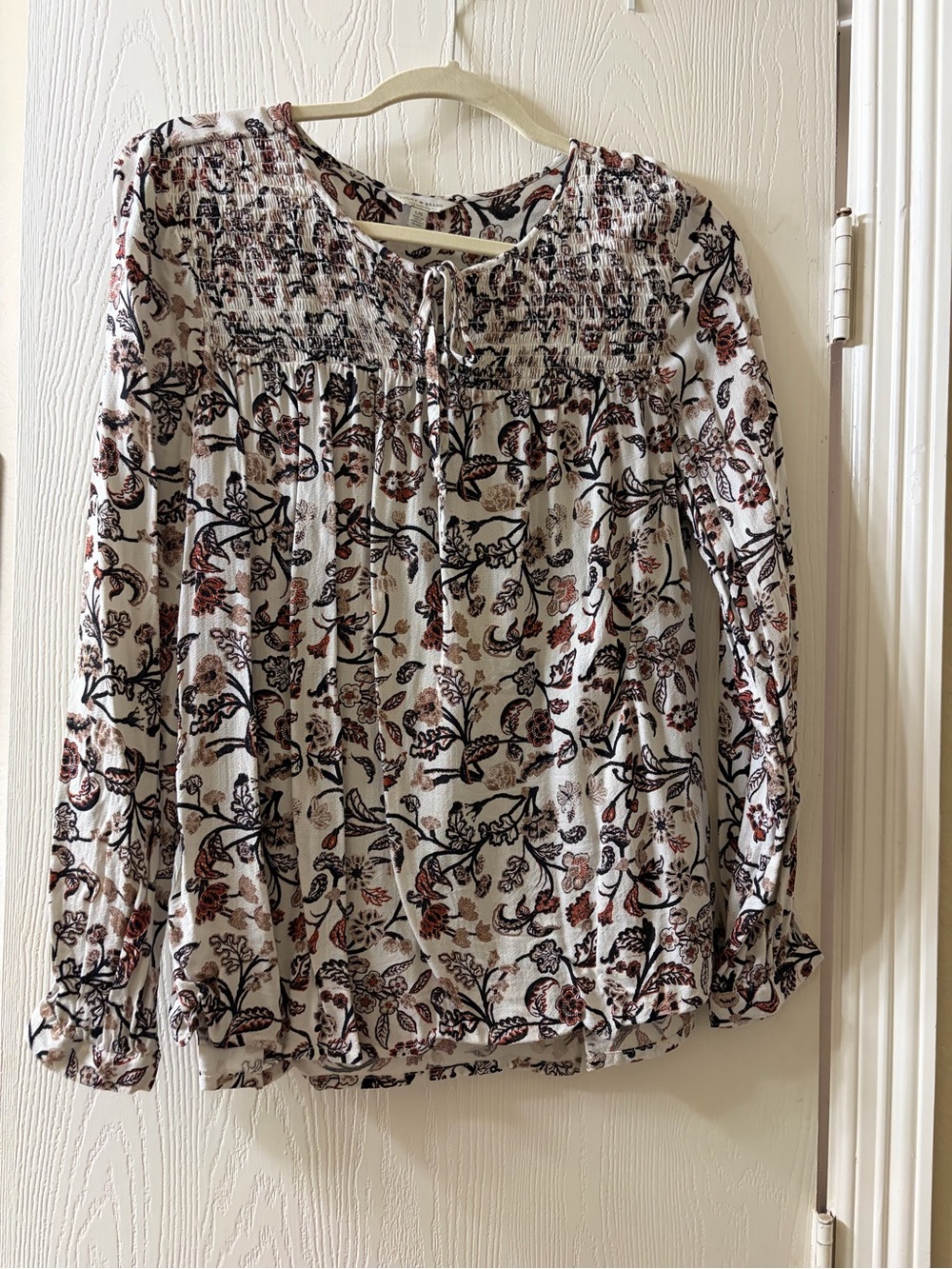 Lucky Brand Cream Floral Smocked Peasant Top